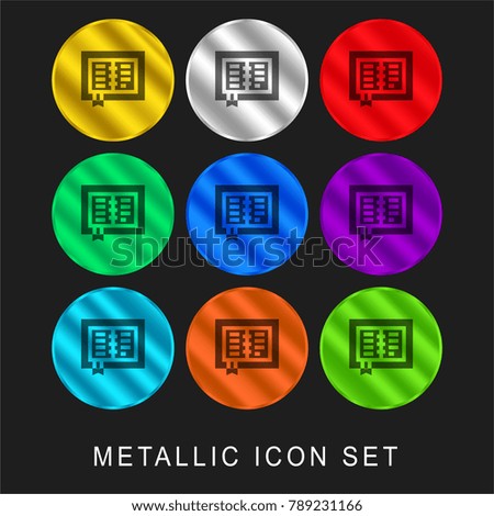 Open book 9 color metallic chromium icon or logo set including gold and silver
