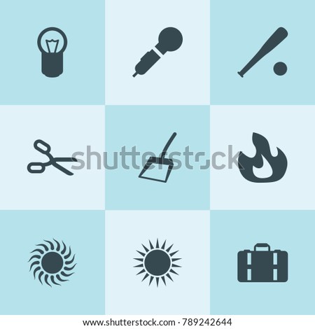 Set of 9 clipart filled icons such as scissors, fire, bulb, scoop, microphone, baseball, sun