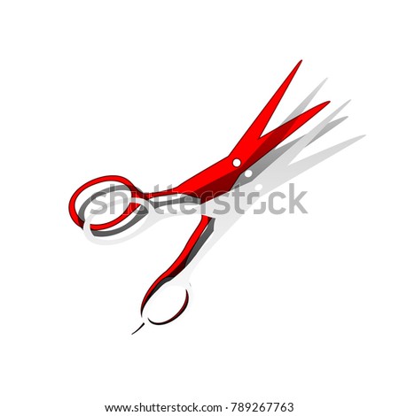 Hair cutting scissors sign. Vector. Detachable paper icon with red body stock. Isolated.