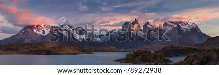The Torres del Paine National Park sunset view. Torres del Paine is a national park encompassing mountains, glaciers, lakes, and rivers in southern Patagonia, Chile. Royalty-Free Stock Photo #789272938