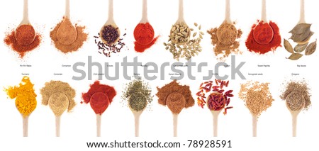 collection of 16 spices on wooden spoons (cumin, coriander, cloves, curry, chili, piri piri, cinnamon, cardamom, fenugreek,  garam masala, oregano, parsley, paprika, turmeric, bay) isolated on white Royalty-Free Stock Photo #78928591