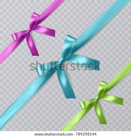Set of vector realistic pink, blue and green ribbon and bows on transparent background. Vector eps 10