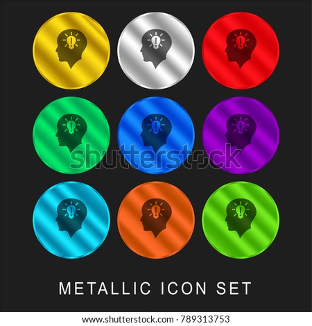 Bald head with lightbulb with exclamation sign inside 9 color metallic chromium icon or logo set including gold and silver