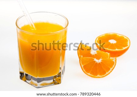 Pure orange juice with orange, with white background