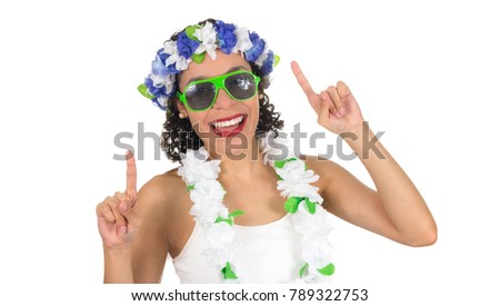 Black woman is dancing samba. Fingers pointing upwards. Brazilian teenager is dressed for Carnival in Brazil. Crown and necklace of Hawaiian flowers. Green Sunglasses. Concept of Mardi Gras,