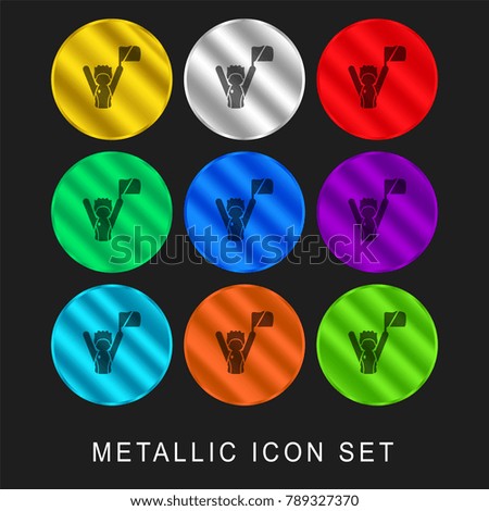 Football fan raising flag 9 color metallic chromium icon or logo set including gold and silver