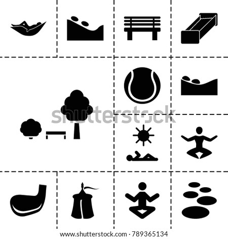 Relaxation icons. set of 13 editable filled relaxation icons such as woman in hammock, spa stone, yoga, bench, golf stick, man laying in sun, tent, garden bench, volleyball