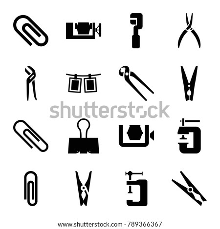 Clamp icons. set of 16 editable filled clamp icons such as cloth pin, pliers, paper clip, clip