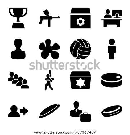 Team icons. set of 16 editable filled team icons such as gear, user, paintball, hockey puck, woman consultant with case, baseball player, volleyball, group, table