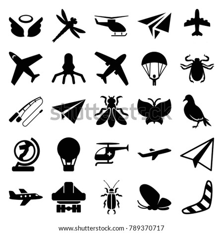 Fly icons. set of 25 editable filled fly icons such as dove, butterfly, beetle, boomerang, paper airplane, plane, air balloon, rocket, cargo plane back view