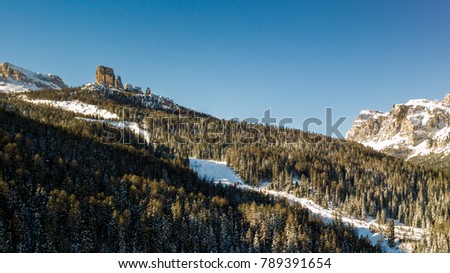Panorama of the Cinque Torri range and Lagazuoi, Aerial picture in Cortina D'ampezzo, Italy.