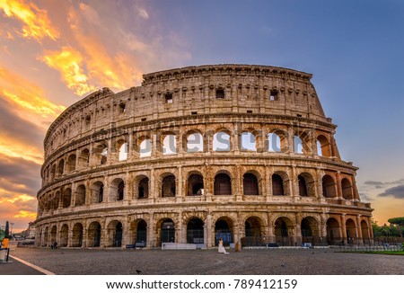 Sunrise view of Colosseum in Rome, Italy. Rome architecture and landmark. Rome Colosseum is one of the main attractions of Rome and Italy Royalty-Free Stock Photo #789412159