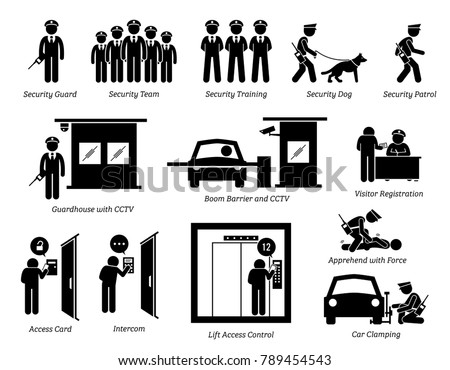 Security Guards Icons. Stick figures depict security guard, team, training, dog, patrolling, guardhouse, boom barrier gate, CCTV, visitor registration, car clamping, and security access card. Royalty-Free Stock Photo #789454543