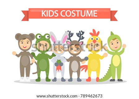 Kids costumes set. Babies in animal outfit. Deer and chicken, lizard and bear.