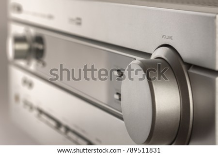 Hifi system amplifier. Home musical equipment closeup Royalty-Free Stock Photo #789511831