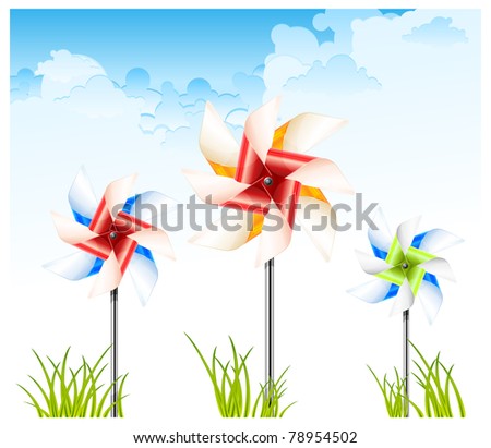 Three color pinwheel toys on sky background, vector illustration
