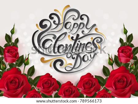Valentine's day greeting card templates with realistic of beautiful red rose and text freehand drawing on background color. Vector Eps.10
