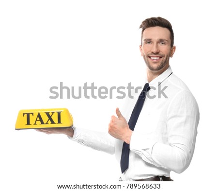 Young driver with taxi roof light on white background