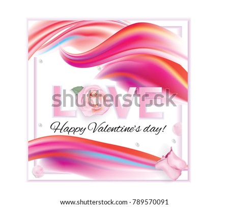 Valentines day. Banner with pink red abstract background and pink rose 