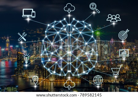 Polygonal brain shape of an artificial intelligence with various icon of smart city Internet of Things Technology over businessman using mobile with cityscape background, AI and business IOT concept