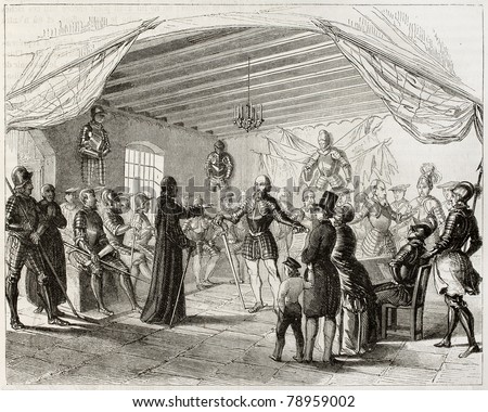 Old illustration of Armour hall in Soleure, Switzerland, representing a city council session.. Created by Varin, published on Magasin Pittoresque, Paris, 1850