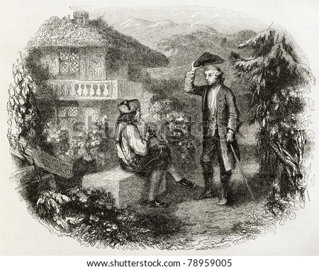 Old illustration of man greeting by lifting hat. Created by Johannot, and Bertrand, published on Magasin Pittoresque, Paris, 1850
