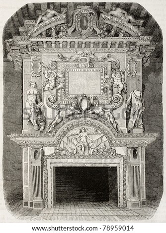 Antique illustration of an old fireplace in Cadillac castle, in the Gironde department, France. Created by Dyouin and Soupey, published on Magasin Pittoresque, Paris, 1850