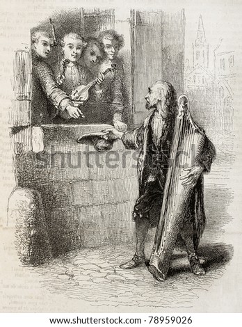 Old illustration of young violin players giving charity through the window to an old harp player. Created by Johannot, published on Magasin Pittoresque, Paris, 1850