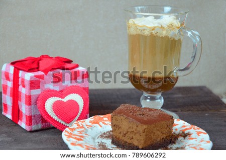 cake-hearts, boxes with presents and a Cup of black coffee, congratulation with Valentine's day