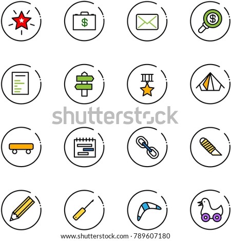 line vector icon set - christmas star vector, money case, mail, search, document, signpost, medal, tent, skateboard, terms plan, link, work knife, pencil, awl, boomerang, toy duck