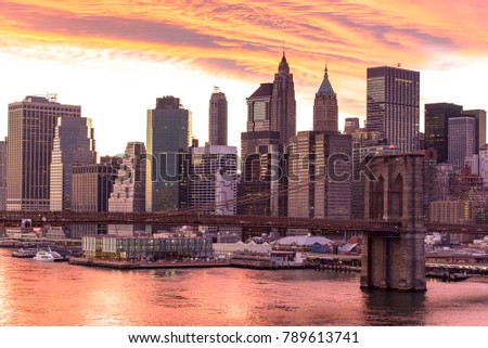Brooklyn bridge and building in New York city America with Sunset sky