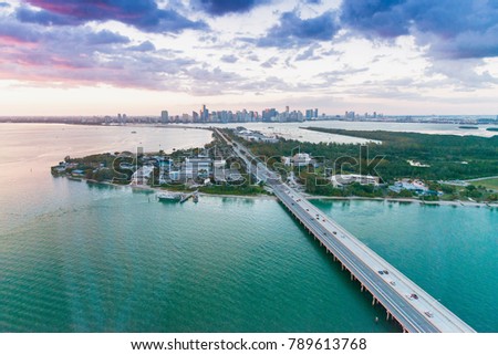 Aerial view of Miami Rickenbacker Causeway at sunset, Florida. Royalty-Free Stock Photo #789613768