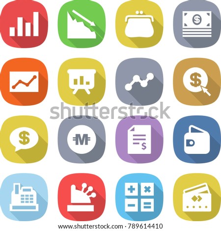 flat vector icon set - graph vector, crisis, purse, money, statistics, presentation, dollar arrow, message, crypto currency, account balance, wallet, cashbox, calculator, credit card