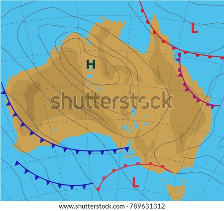 Meteologic weather forecast on the map of Australia. Contour card background.