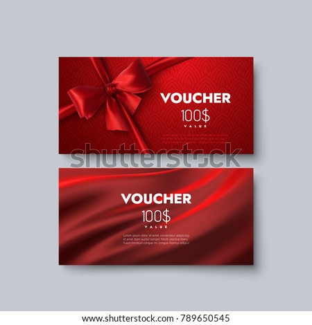 Gift voucher templates. Set of discount certificates. Vector illustration of coupons with 100 dollars value. Premium promotional card with red bow, ribbon and silk fabric Royalty-Free Stock Photo #789650545