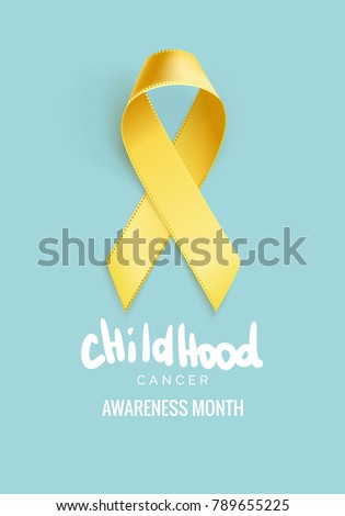 Childhood Cancer Awareness Ribbon. Realistic yellow ribbon, childhood cancer awareness symbol, isolated on blue. Vector illustration