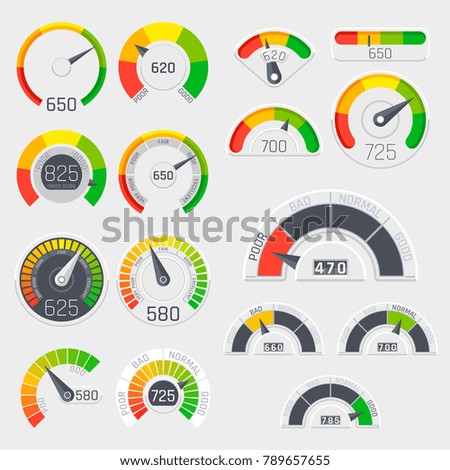 Business credit score vector speedometers. Customer satisfaction indicators with poor and good levels. Credit score poor and good rating illustration Royalty-Free Stock Photo #789657655