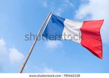 France flag of wave with bamboo flag pole and blue sky background