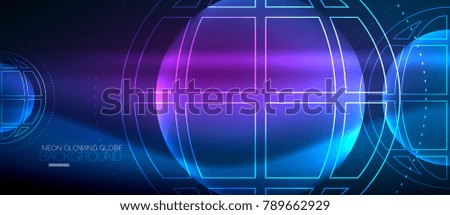 Techno globe concept, neon glow planet on dark abstract color background, light effects