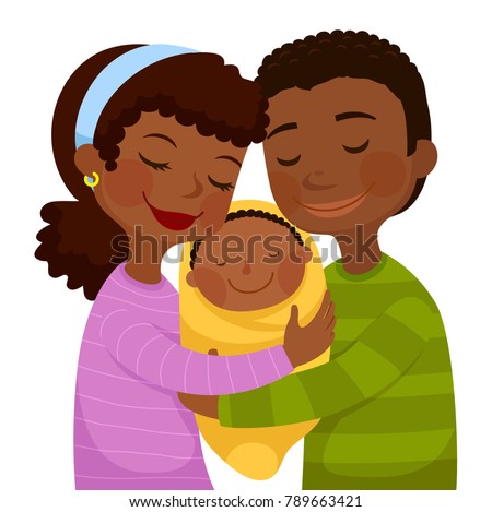 Happy dark skinned parents hugging a small baby