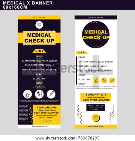Medical check up banner with list of service on colorful background. Vector template