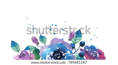 Watercolor bouquet with flowers, leaves and branches. Hand drawn illustration.