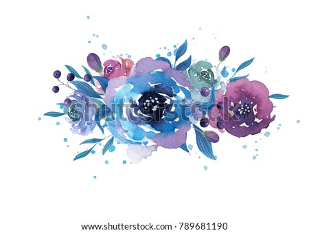 Watercolor bouquet with blue and violet flowers, leaves and branches. Hand drawn illustration.