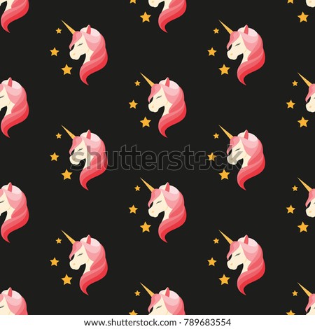 Unicorn with closed eyes. Pink mane. Vector illustration on black background. Seamless pattern. Flat design style. Swatch inside