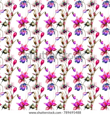 Romantic seamless pattern with flowers, Watercolor painting
