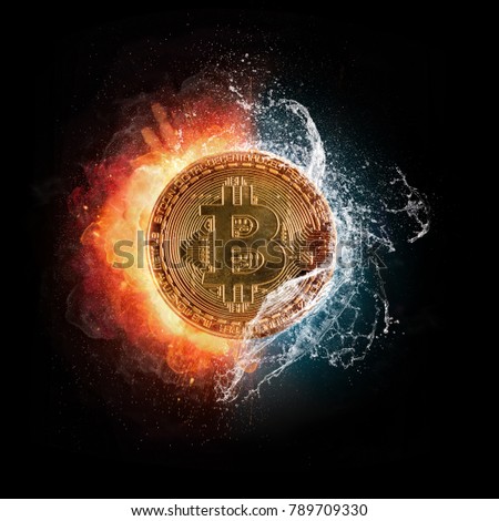 Burning Bitcoin crypto currency symbol with water splashes, isolated on black background. Concept of digital currency and risk