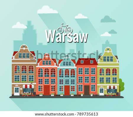 Vector illustration of Warsaw. Flat design. Old houses.