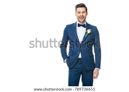 portrait of young handsome groom in suit isolated on white Royalty-Free Stock Photo #789736651