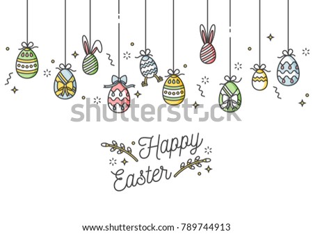 Easter eggs composition. Colorful linear icons on white background. Hanging Easter ornamental eggs. Happy Easter greeting card Royalty-Free Stock Photo #789744913