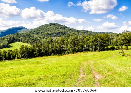 Mountains scenery. Panorama of grassland and forest in Beskid Niski mountains. Carpathian mountains landscape, Poland.